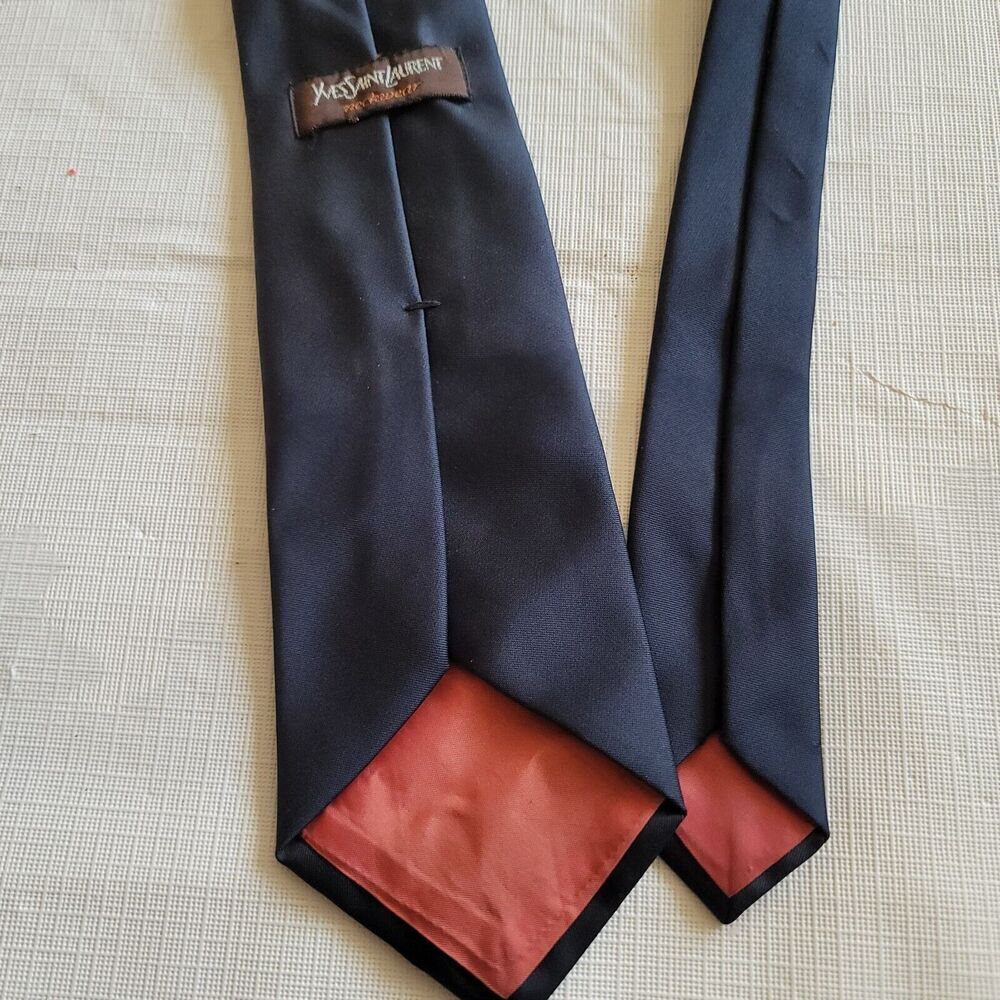 Yves Saint Laurent Vintage Blue Solid Neck Tie With YSL Red Embroidered Logo - Picture 4 of 8